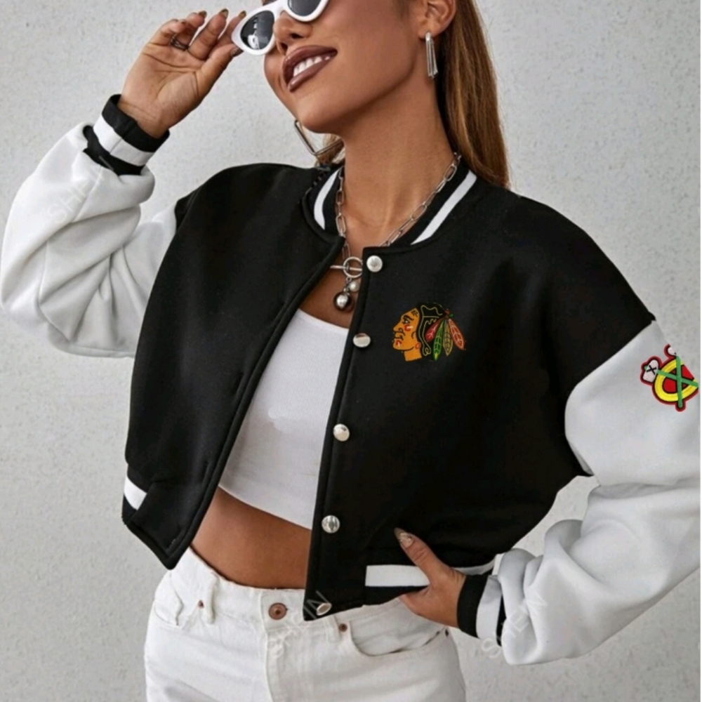 NEW cropped Chicago Blackhawks logo patch varsity jacket bomber jacket